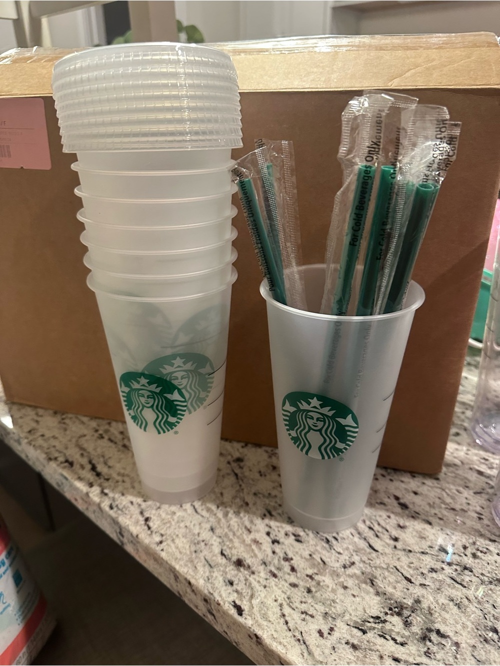 Starbucks Frosted White Plastic Cups with Green Siren Logo